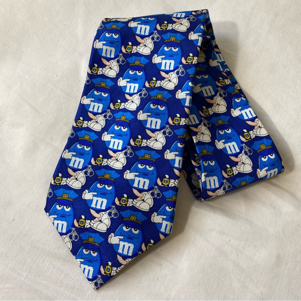 NWT M&M's Mars Police Repeat Ralph Marlin Necktie Tie 100% Silk USA Blue